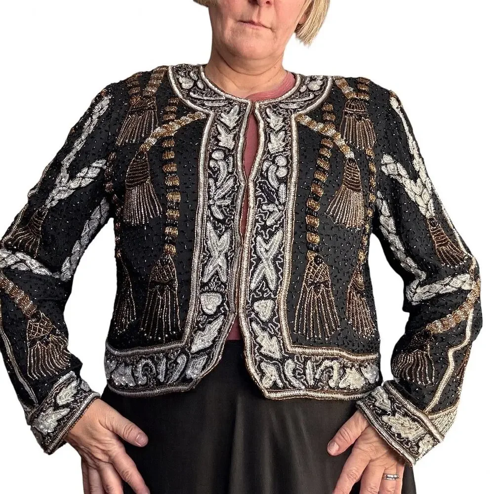 Vintage Silk Beaded Jacket‎ Black Gold 80s Luxury XL Maximalist Power Dressing